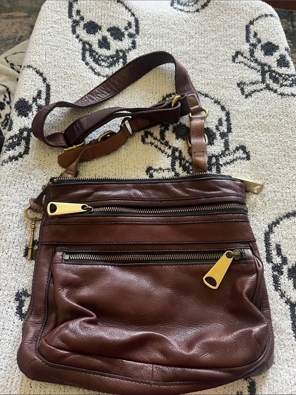 Vintage Fossil Explorer Brown Leather Crossbody Bag Tri-Zip ZB5255
